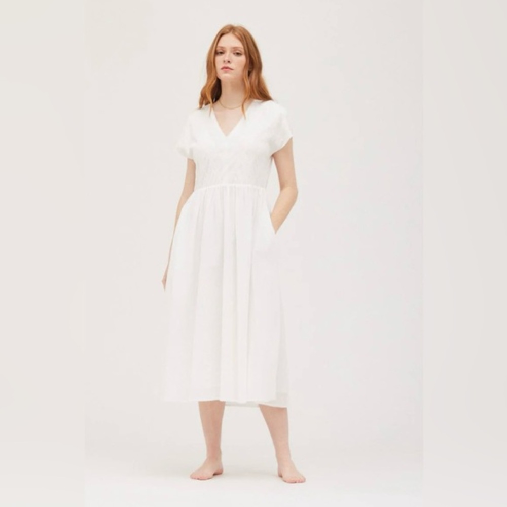 White V-Neck Pleated Midi Dress with Flutter Sleeves